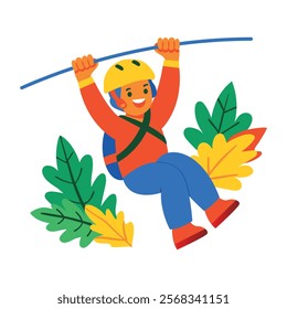 A flat illustration of zip lining character