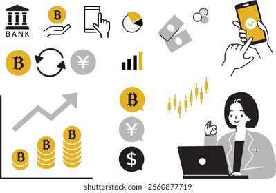 Flat illustrations of bitcoin and money 