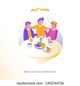 Flat illustrations break the fast with friends when ramadan kareem