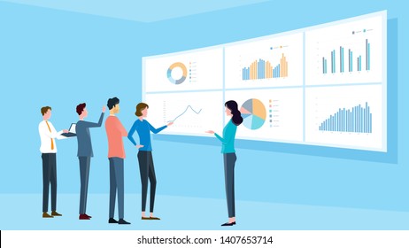 flat illustrations business analytic team meeting and  finance project training concept