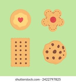 flat illustrations of butter cookies, flower shapes, rectangles, rounds and chocolate chocochips