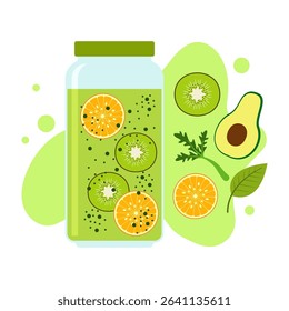 Flat illustrations of fruit juice and beverage containers with colorful labels. Summer cold and soft drinks