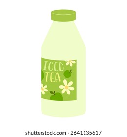 Flat illustrations of fruit juice and beverage containers with colorful labels. Summer cold and soft drinks
