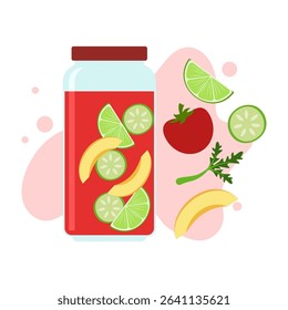 Flat illustrations of fruit juice and beverage containers with colorful labels. Summer cold and soft drinks