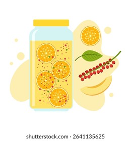 Flat illustrations of fruit juice and beverage containers with colorful labels. Summer cold and soft drinks
