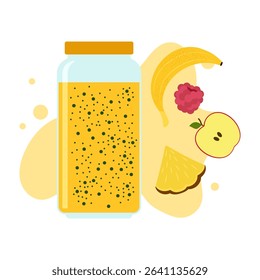 Flat illustrations of fruit juice and beverage containers with colorful labels. Summer cold and soft drinks