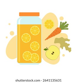 Flat illustrations of fruit juice and beverage containers with colorful labels. Summer cold and soft drinks