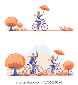 Flat illustrations of happy elderly people ride bicycles in the autumn in the park. Grandparents play sports and lead an active lifestyle. Vector banner in cartoon style.