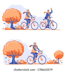 Flat illustrations of happy elderly people ride bicycles in the autumn in the park. Grandparents play sports and lead an active lifestyle. Vector banner in cartoon style.