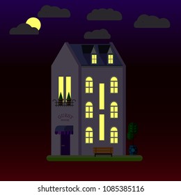 Flat illustrations of house at night. Three-storey building. Vector.