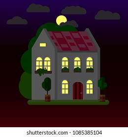 Flat illustrations of house at night. Two-storey building. Vector.