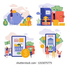 Flat illustrations with man and woman. Family budget