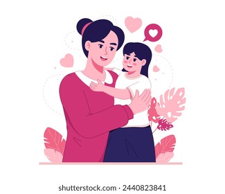 Flat illustrations of Mother's Day. A young mother is cuddled by her daughter. Vector illustration