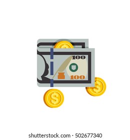 Flat illustrations with  pack hundred-dollar bills and some golden coins. Pile of cash and gold coins. Wallet with cash.