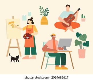 Ilustraciones planas de personas haciendo diferentes actividades en casa. La mujer haciendo pintura, y el hombre tocando guitarra y otro usando computadora.