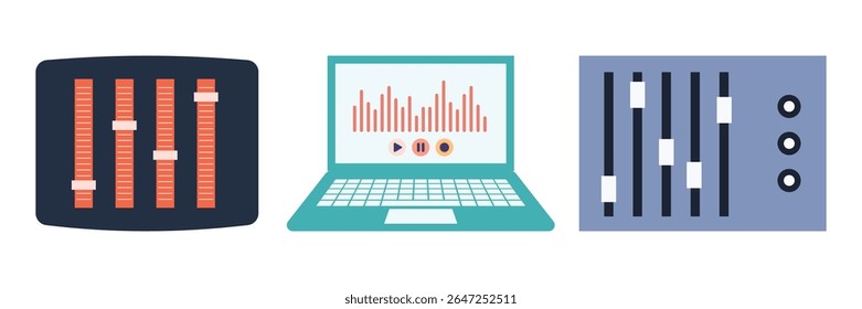 Flat illustrations of podcasting tools, voice recording, and audio streaming elements. Podcast Items Set