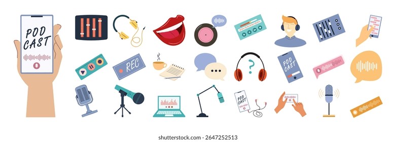 Flat illustrations of podcasting tools, voice recording, and audio streaming elements. Podcast Items Set