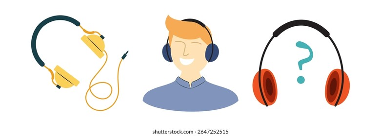 Flat illustrations of podcasting tools, voice recording, and audio streaming elements. Podcast Items Set