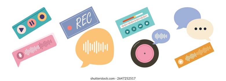 Flat illustrations of podcasting tools, voice recording, and audio streaming elements. Podcast Items Set