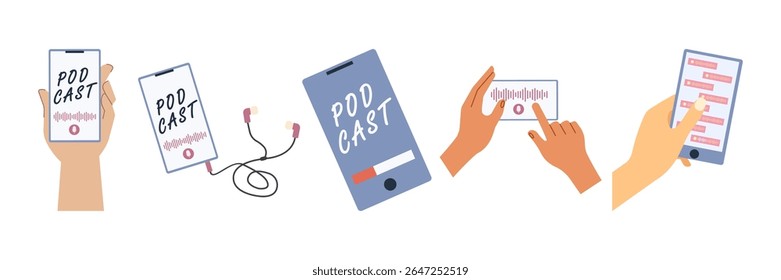 Flat illustrations of podcasting tools, voice recording, and audio streaming elements. Podcast Items Set