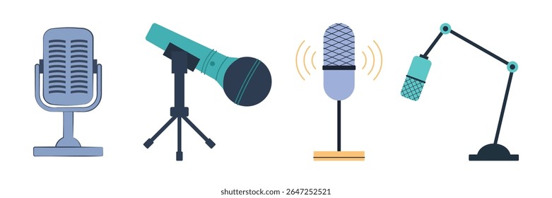 Flat illustrations of podcasting tools, voice recording, and audio streaming elements. Podcast Items Set