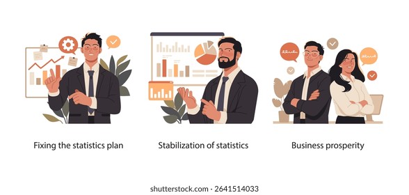 Flat illustrations of professionals working on statistics improvement, stabilizing business data, and celebrating successful company growth and prosperity.