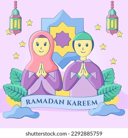 Flat illustrations of Ramadan celebration. Couple characters and apoligize. Perfect for the feed instagram, greeting card and other design to celebrate Ramadan kareem
