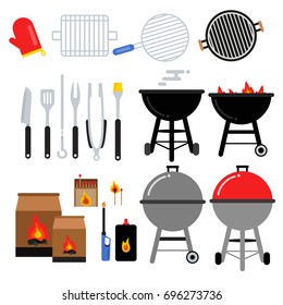 Flat illustrations set for bbq party. Different barbecue tools. Meat, grilling, knifes