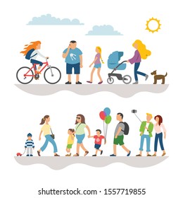 Flat illustrations set with collection simple character peoples walking on street: man, woman, child, girl on bike, dog and more isolated person.