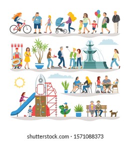 Flat illustrations set with collection simple character peoples walking on summer street or public space: man, woman, child, girl on bike, bench, table, plant, fountain, playground, food kiosk.