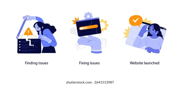 Flat illustrations showing the process of identifying coding errors, fixing software bugs, and launching a completed website project.