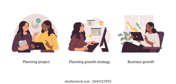 Flat illustrations showing professionals in project planning, strategic growth analysis, and evaluating business success using digital tools and charts.