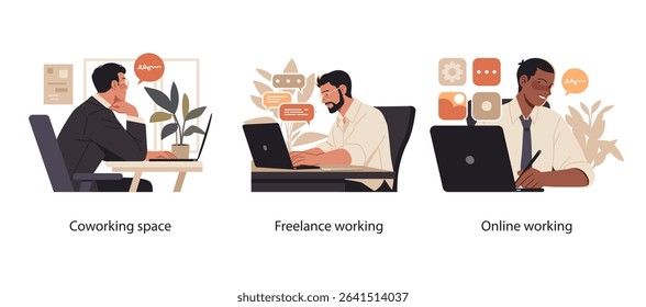 Flat illustrations showing professionals working in coworking spaces, freelancing remotely, and engaging in digital online tasks using laptops.
