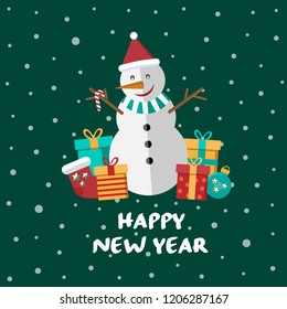 Flat illustrations with a snowman. Christmas card with a cheerful snowman and gifts.