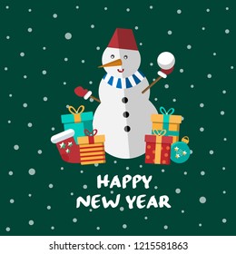 Flat illustrations with a snowman. Greeting card with a funny snowman and gifts. Christmas banner template.