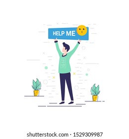 Flat illustrations of someone needing help, emoticons and illustrations to help me