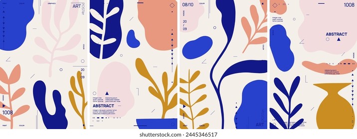El estilo de ilustraciones planas presenta varias Formas abstractas y botánicas en tonos de azul, rosa y amarillo. Vector de formas modernas para diseño de carteles, postales o envases, o diseño de volantes.