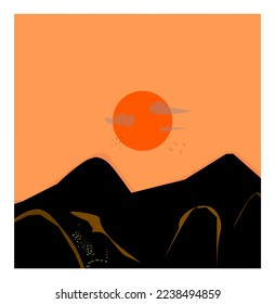 flat illustrations of sunsets and mountains.