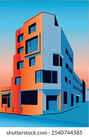Ilustraciones planas, fondo urbano. Finca, fachadas de edificios residenciales. Orientación de Vertical. Ilustraciones planas, fondo urbano. Juego de Vectores para el juego de Vectores C para cubiertas, impresiones, Anuncios