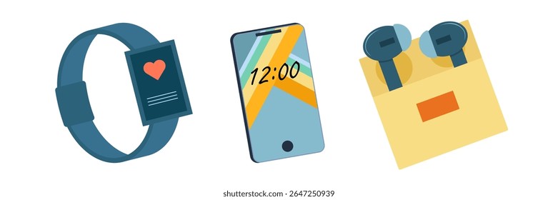 Ilustrações planas de vários aparelhos eletrônicos e dispositivos digitais. Conjunto de hardware de dispositivos eletrônicos