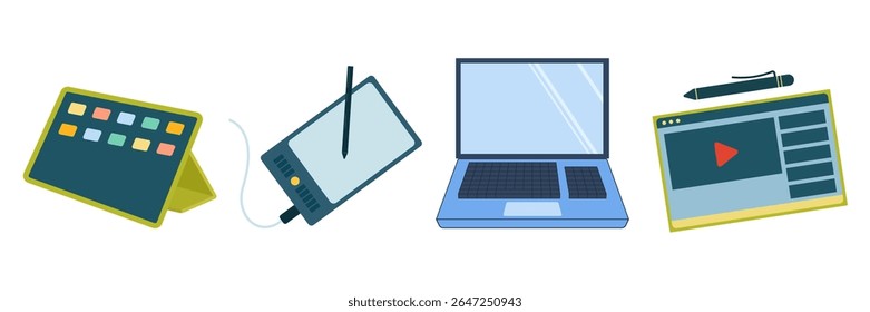 Ilustrações planas de vários aparelhos eletrônicos e dispositivos digitais. Conjunto de hardware de dispositivos eletrônicos
