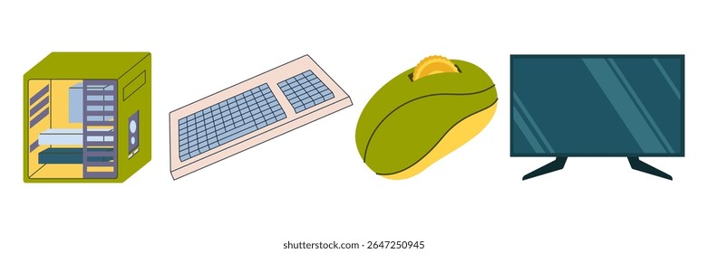 Ilustrações planas de vários aparelhos eletrônicos e dispositivos digitais. Conjunto de hardware de dispositivos eletrônicos