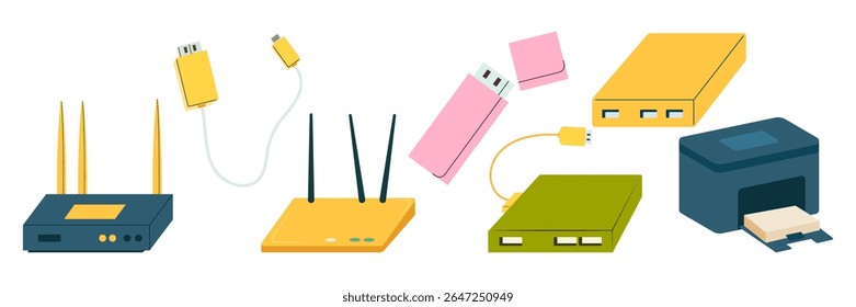 Ilustrações planas de vários aparelhos eletrônicos e dispositivos digitais. Conjunto de hardware de dispositivos eletrônicos