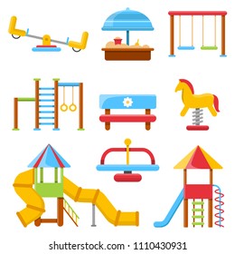 Flat illustrations of of various kids' playground equipment. Swing equipment, slide and sandpit, seesaw and bench. Vector illustration