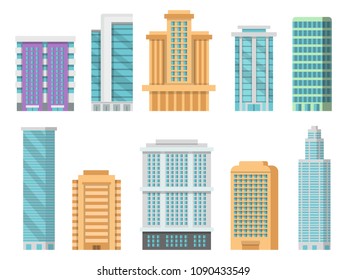 Flat illustrations of various modern skyscrapers and other business buildings
