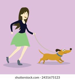 Flat illustrations, vector art, bicycle ride, woman vector, dog vector art, a woman walking with dog.