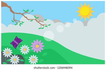 flat illustrations of views on the hill with flowers. butterflies and trees, vector illustrations