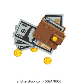 Flat illustrations with wallet lying on a pack hundred-dollar bills. Pile of cash and gold coins. Wallet with cash.