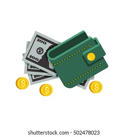 Flat illustrations with wallet lying on a pack hundred-dollar bills. Pile of cash and gold coins. Wallet with cash.