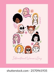 A flat illustration-style poster featuring diverse women’s faces surrounded by a floral wreath, symbolizing inclusivity, solidarity, and International Women’s Day celebrations.